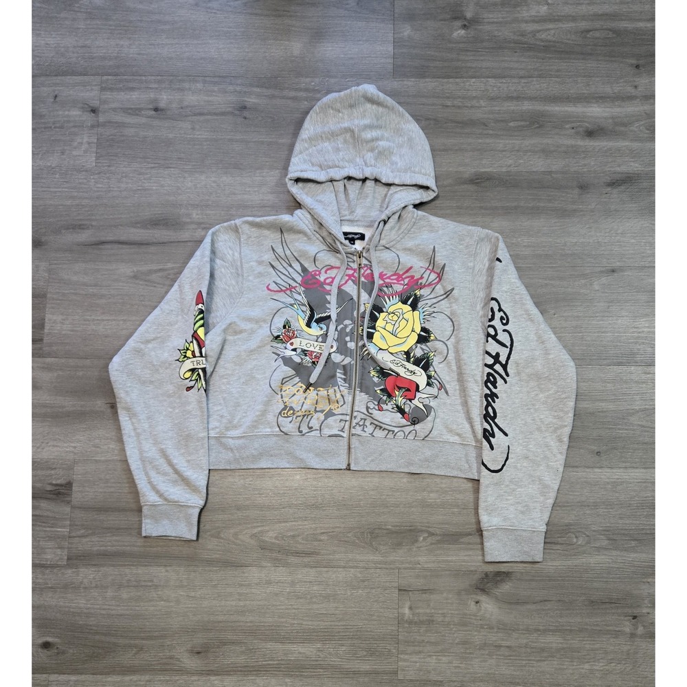 Ed Hardy Womens 1X Gray Cropped Full Zip Hoodie Rose Eagle Graphic Tattoo